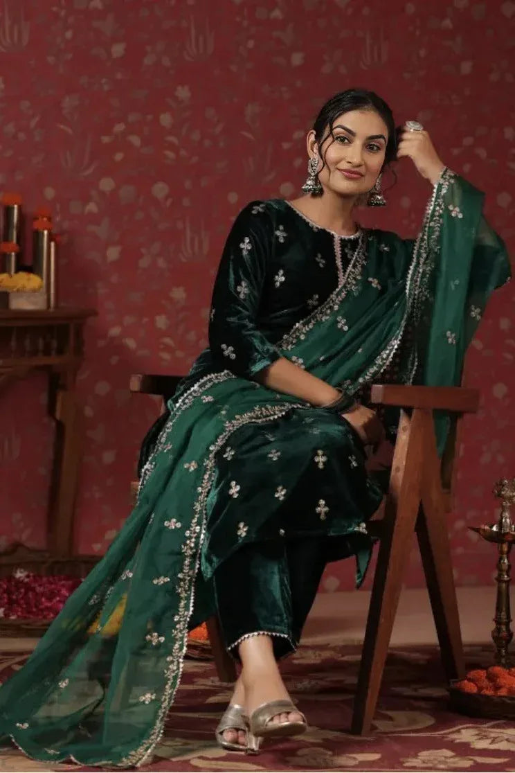 Emerald Velvet Motif Embroidered Salwar Kameez (Outside Ontario) - MyEthnikRentals