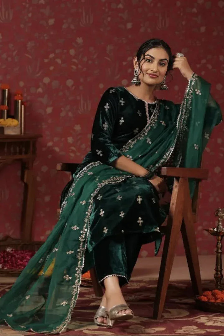 Emerald Velvet Motif Embroidered Salwar Kameez (Outside Ontario) - MyEthnikRentals