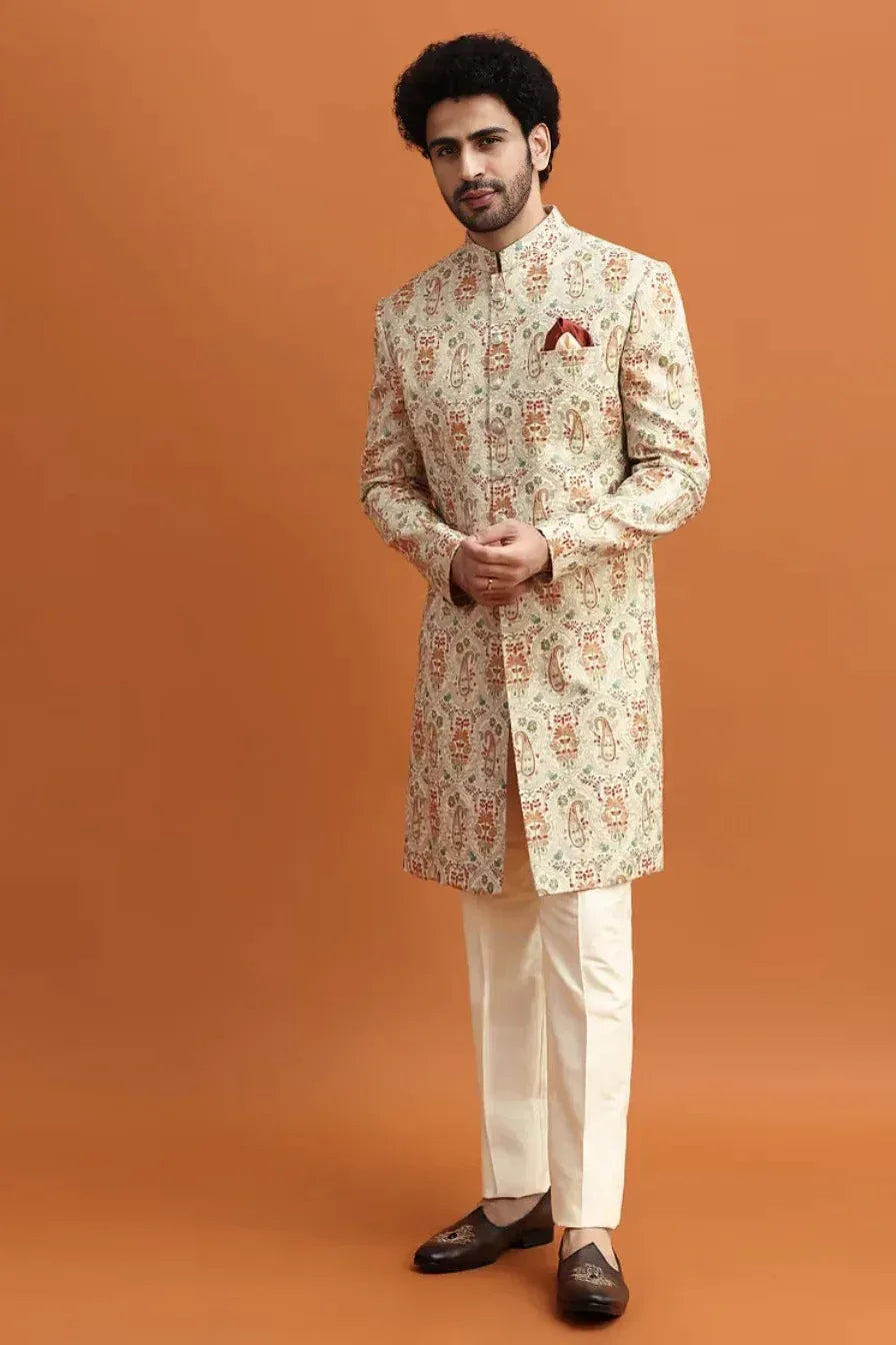 Beige Paisley Print Sherwani with Resham Embroidery (Outside Ontario) - MyEthnikRentals