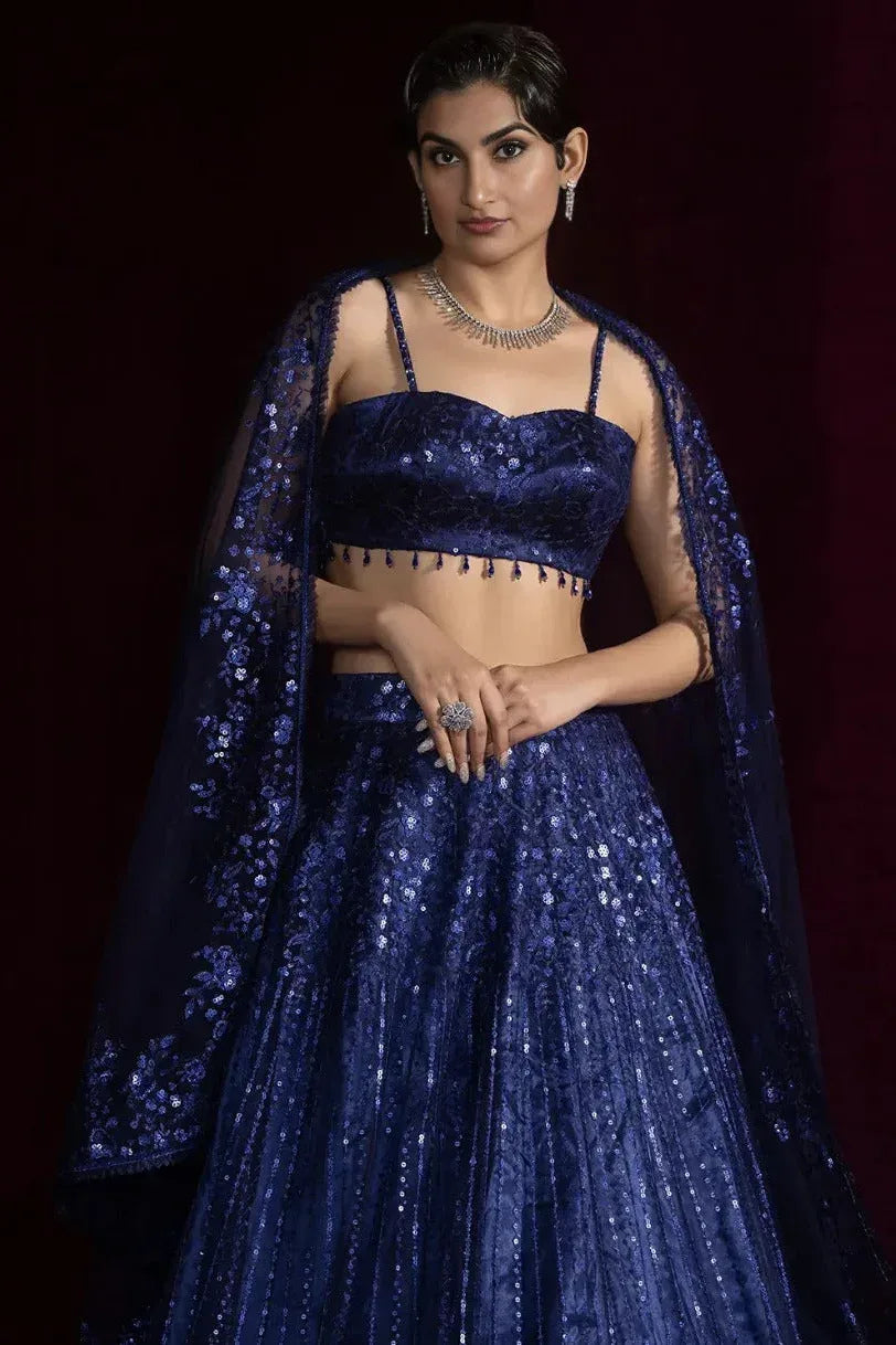 Midnight Navy Net Lehenga - MyEthnikRentals