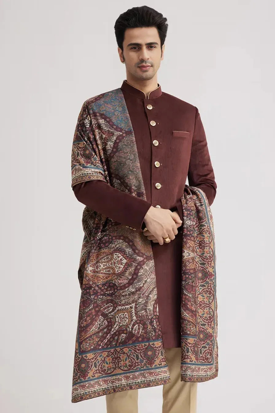 Wine Velvet Nawabi Set with Pashmina Dupatta (Outside Ontario) - MyEthnikRentals