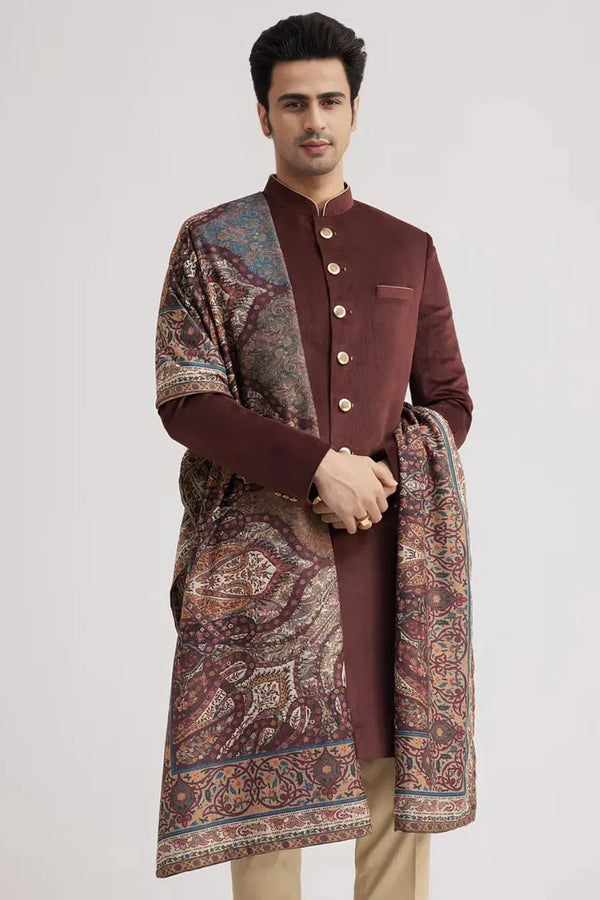 Wine Velvet Nawabi Set with Pashmina Dupatta - MyEthnikRentals