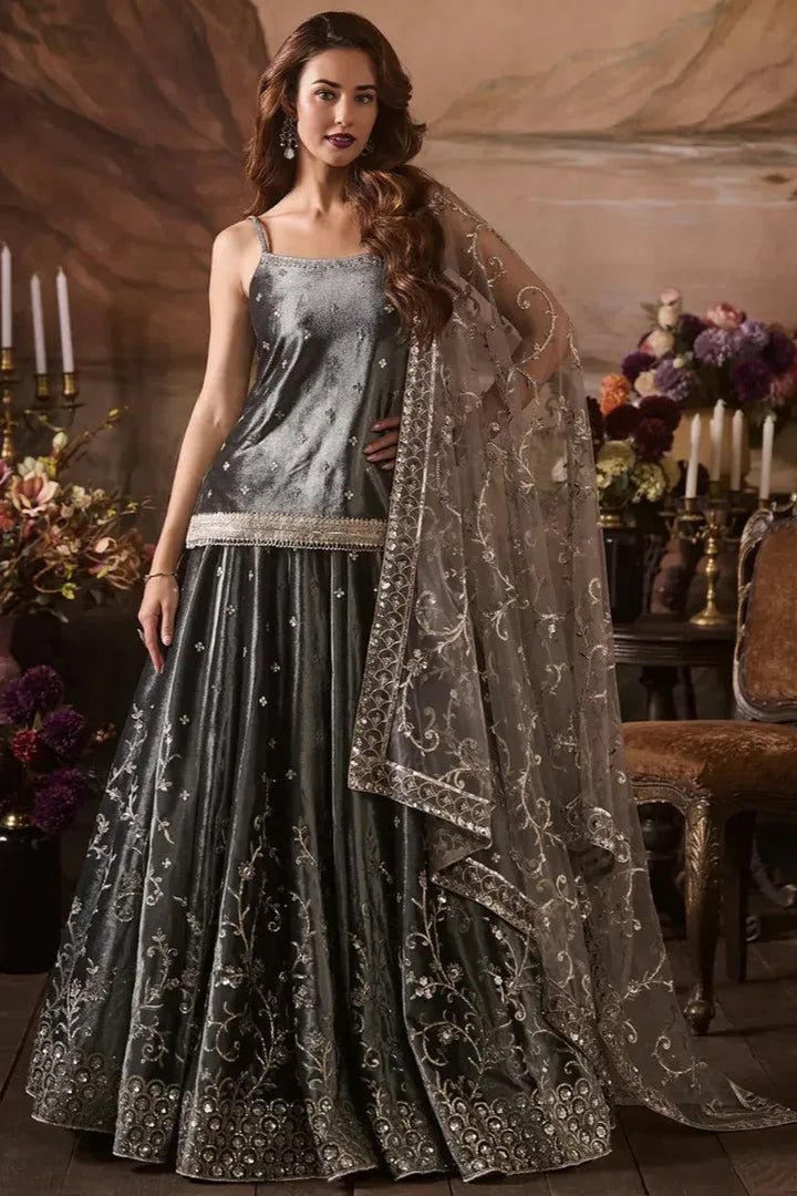 Grey Velvet Kurti Lehenga - MyEthnikRentals