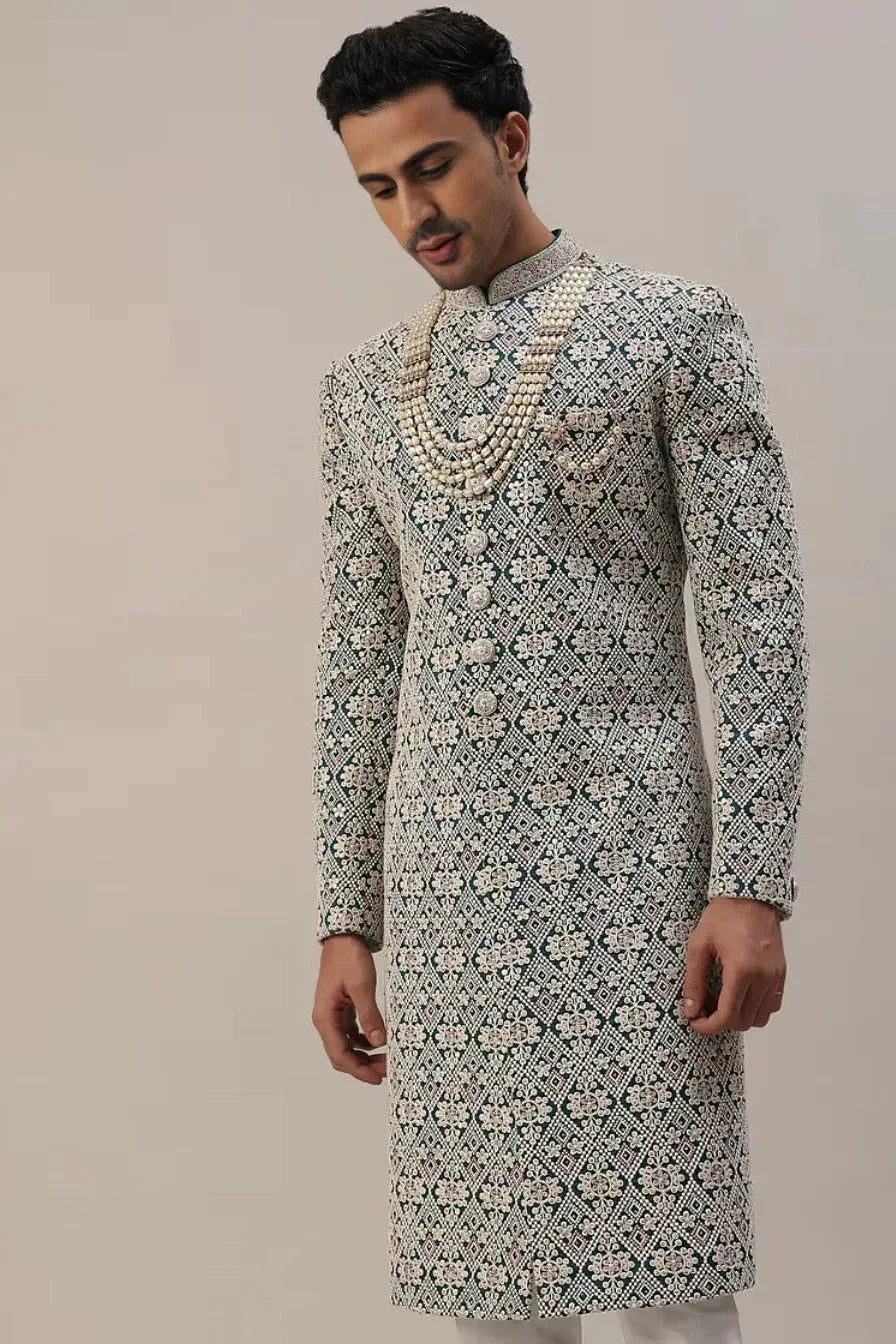 Teal Green Embroidered Sherwani with Layered Mala (Outside Ontario) - MyEthnikRentals