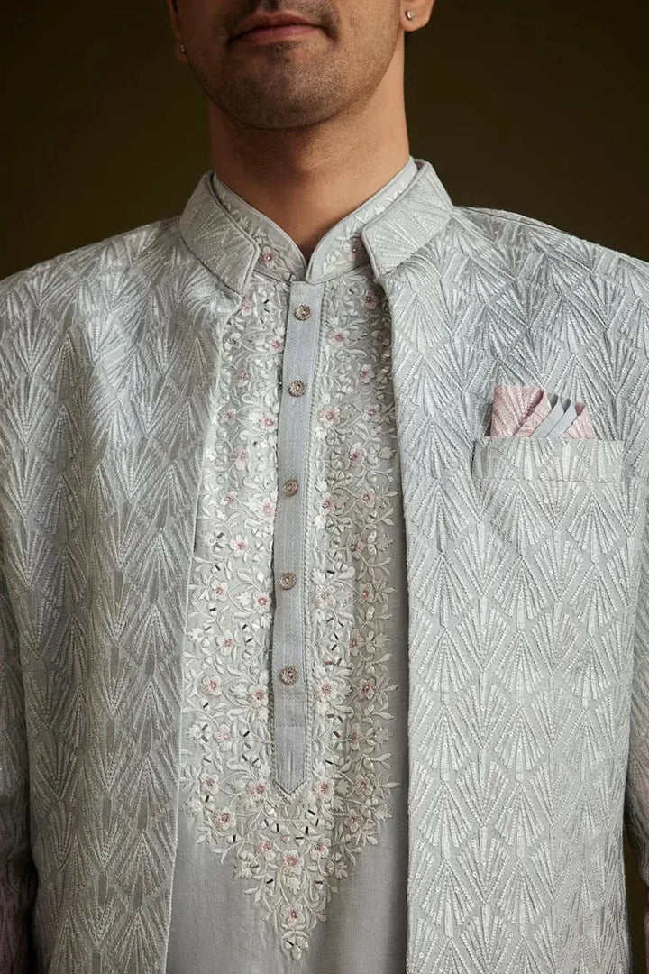 Pink and Grey Ombre Textured Sherwani Set (Outside Ontario) - MyEthnikRentals