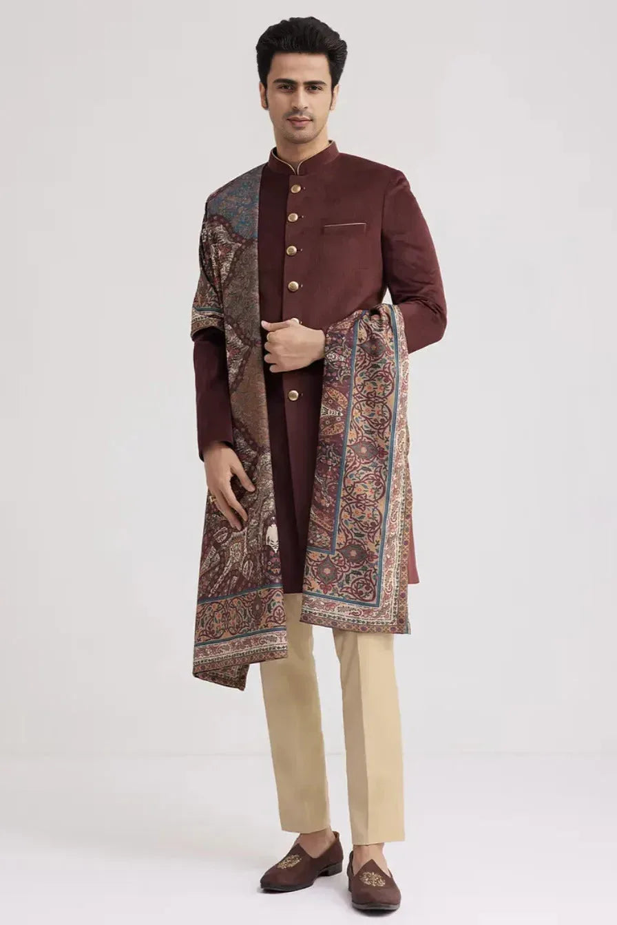 Wine Velvet Nawabi Set with Pashmina Dupatta (Outside Ontario) - MyEthnikRentals