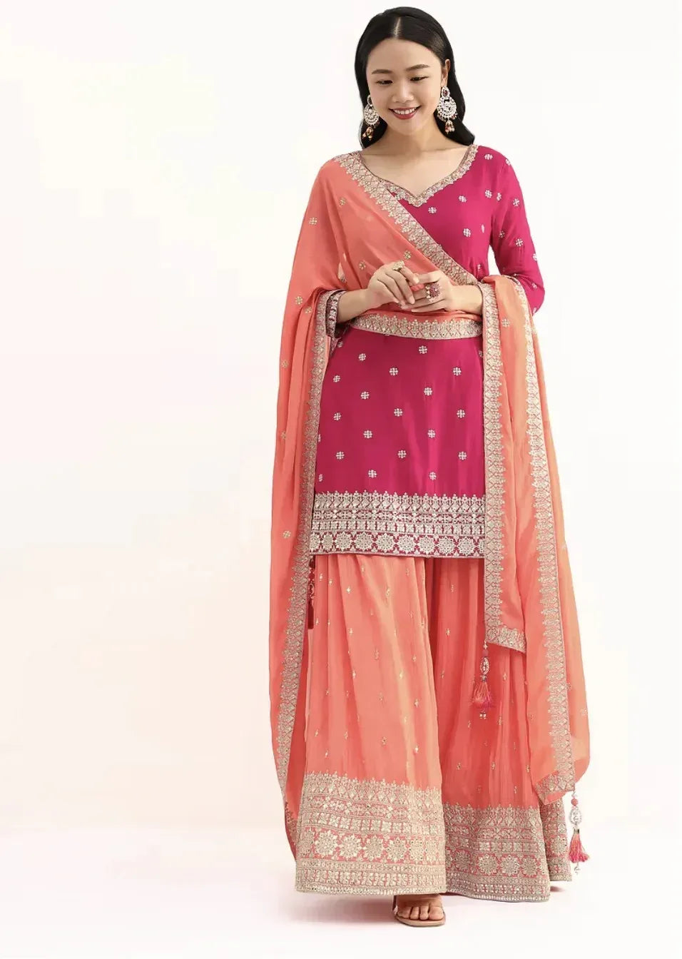 Pink and Peach Zari Work Salwar Kameez (Outside Ontario) - MyEthnikRentals