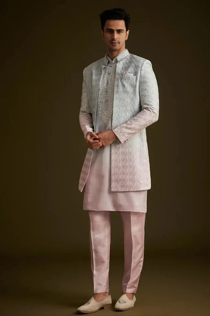 Pink and Grey Ombre Textured Sherwani Set (Outside Ontario) - MyEthnikRentals