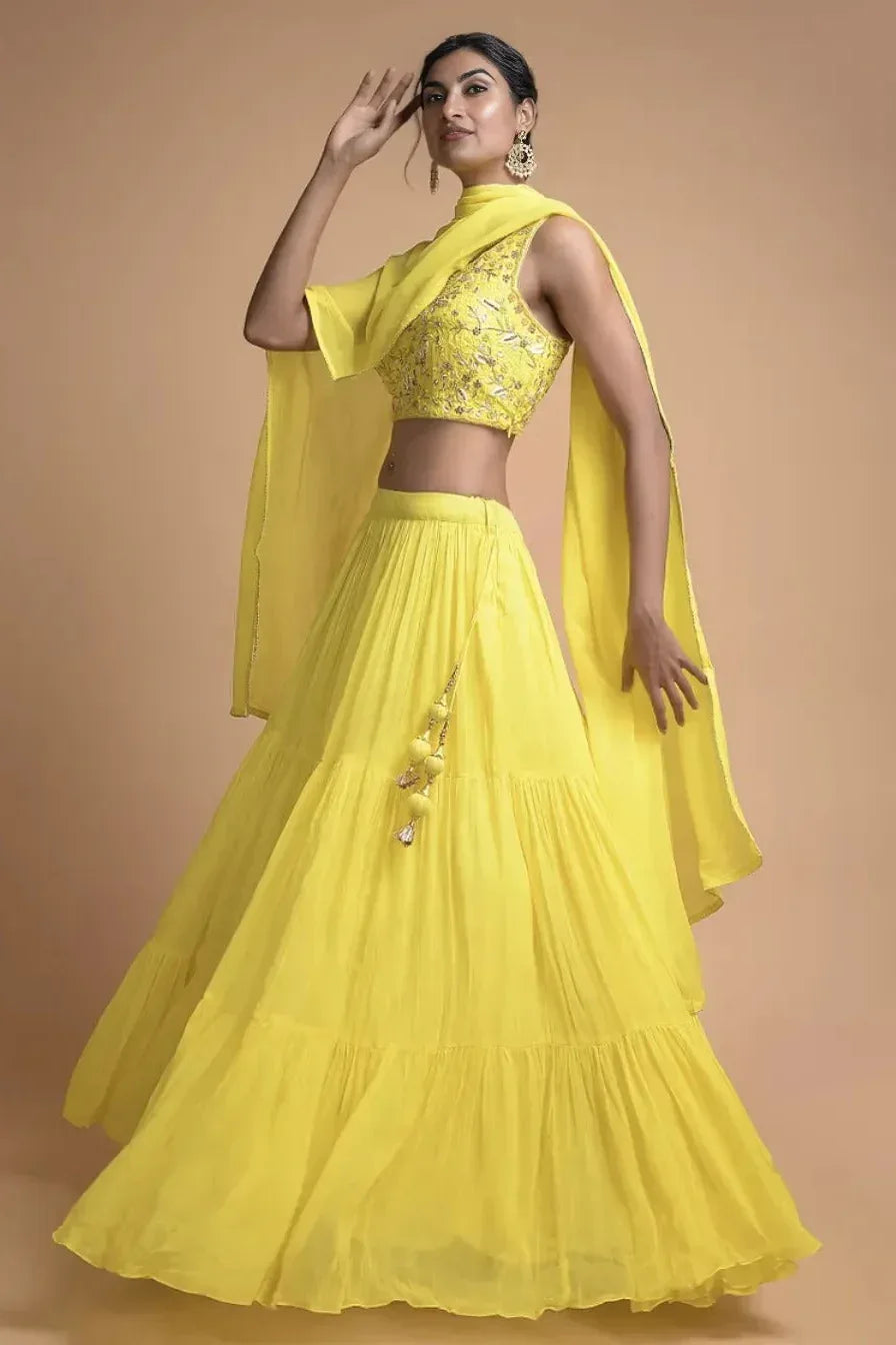 Lemon Yellow Tiered Lehenga (Outside Ontario) - MyEthnikRentals