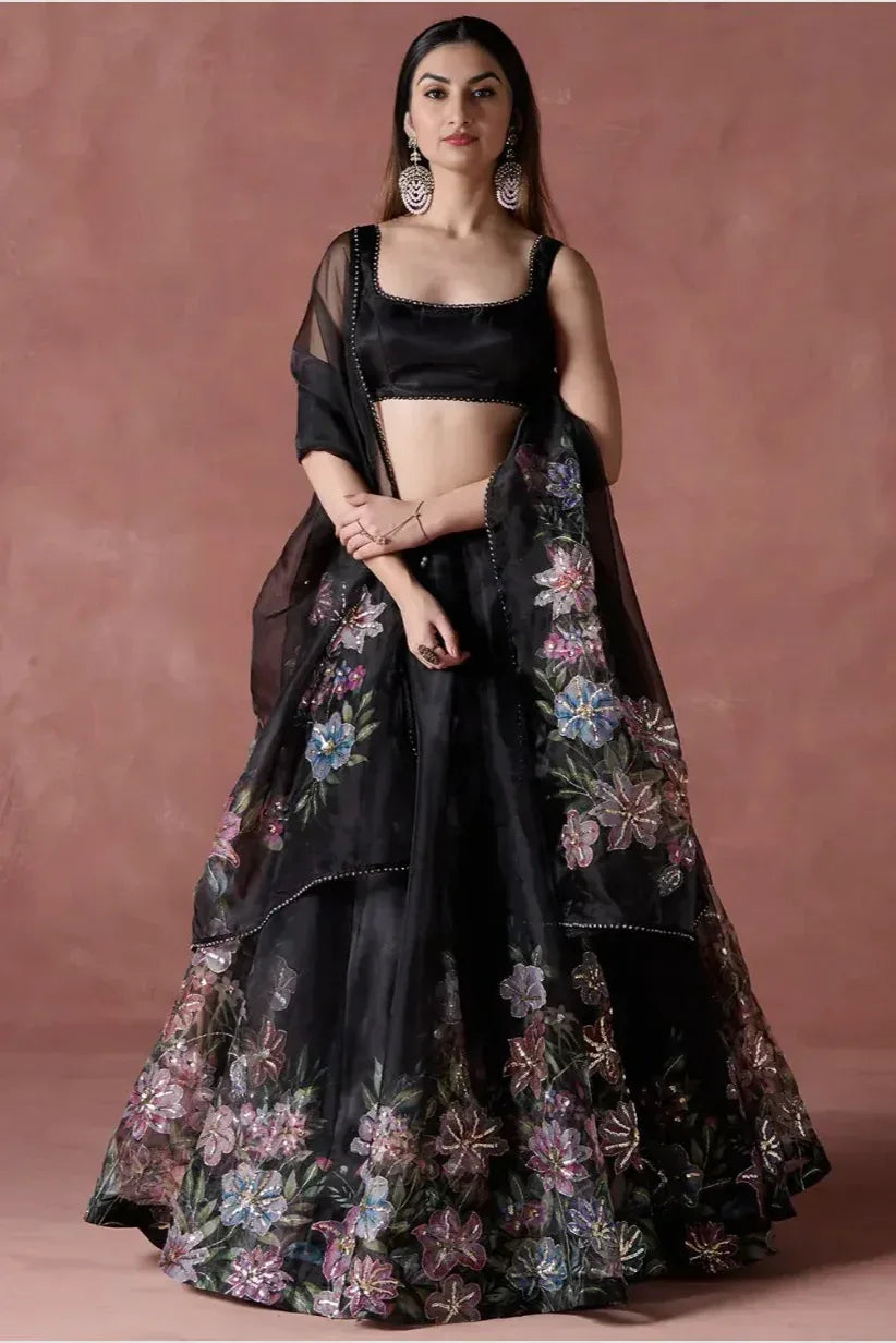Black Multicolor Floral Lehenga (Outside Ontario) - MyEthnikRentals