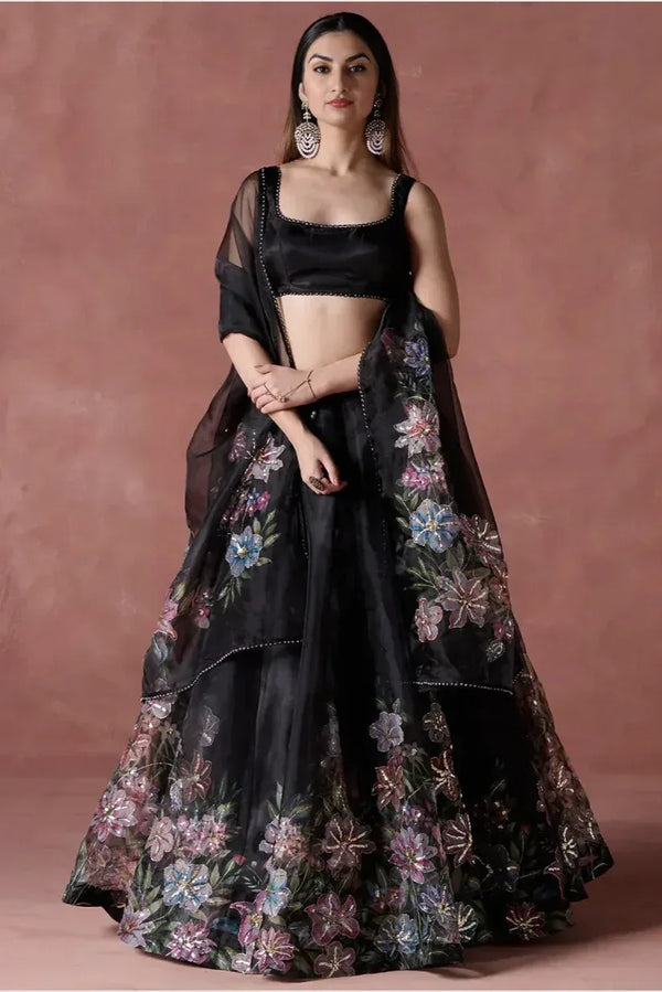 Black Multicolor Floral Lehenga - MyEthnikRentals