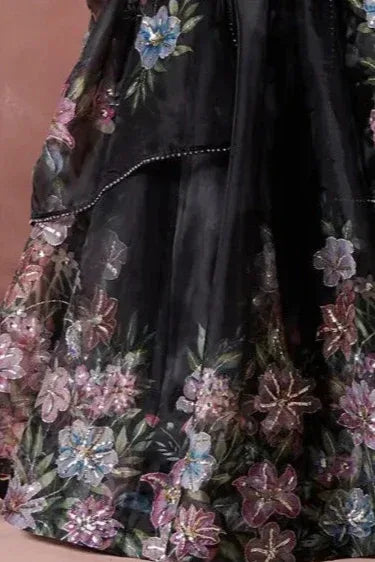 Black Multicolor Floral Lehenga (Outside Ontario) - MyEthnikRentals