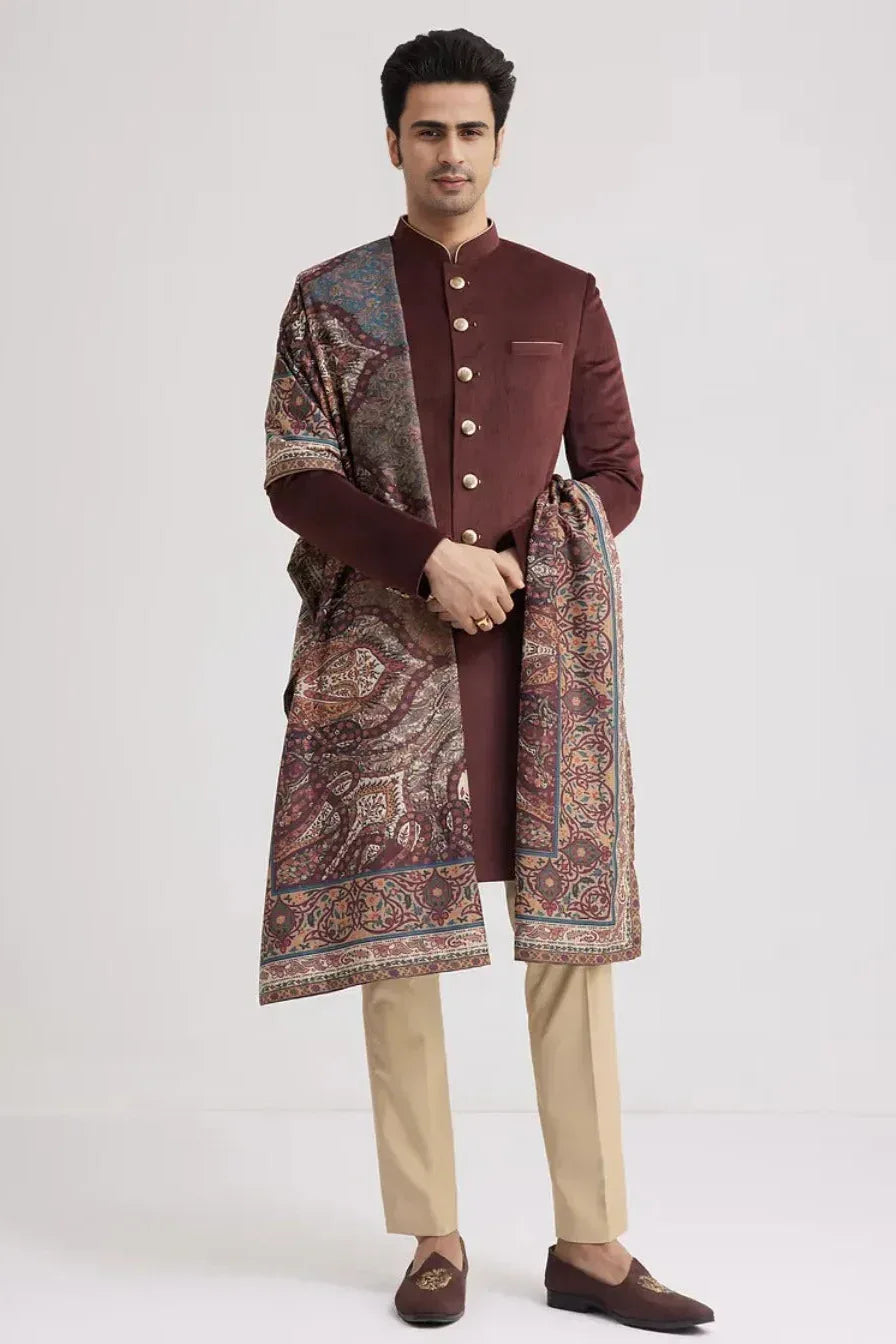 Wine Velvet Nawabi Set with Pashmina Dupatta (Outside Ontario) - MyEthnikRentals