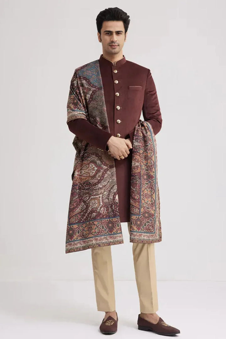 Wine Velvet Nawabi Set with Pashmina Dupatta (Outside Ontario) - MyEthnikRentals