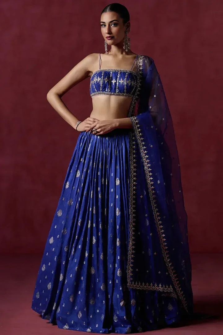Royal Blue Brocade Lehenga - MyEthnikRentals