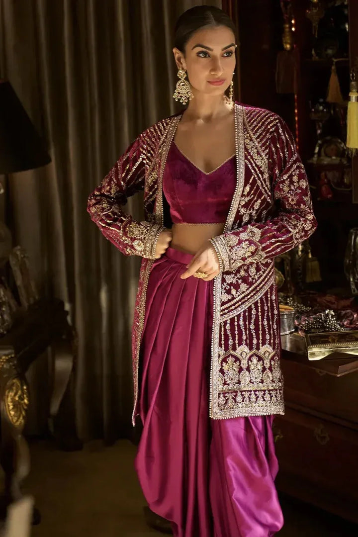 Magenta Velvet Embroidered Jacket Suit - MyEthnikRentals