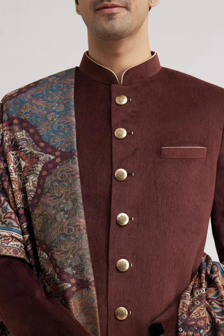 Wine Velvet Nawabi Set with Pashmina Dupatta (Outside Ontario) - MyEthnikRentals