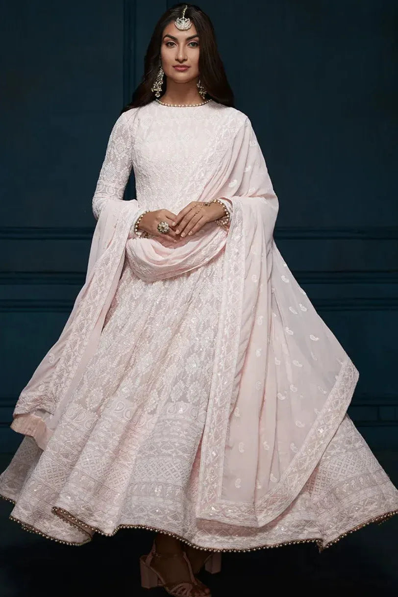 Light Pink Thread Embroidered Anarkali - MyEthnikRentals
