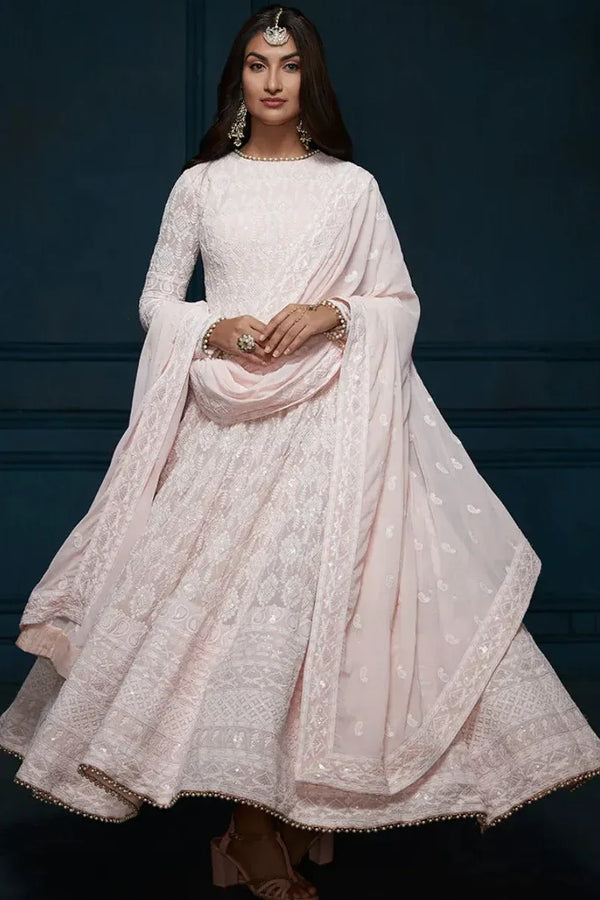 Light Pink Thread Embroidered Anarkali - MyEthnikRentals