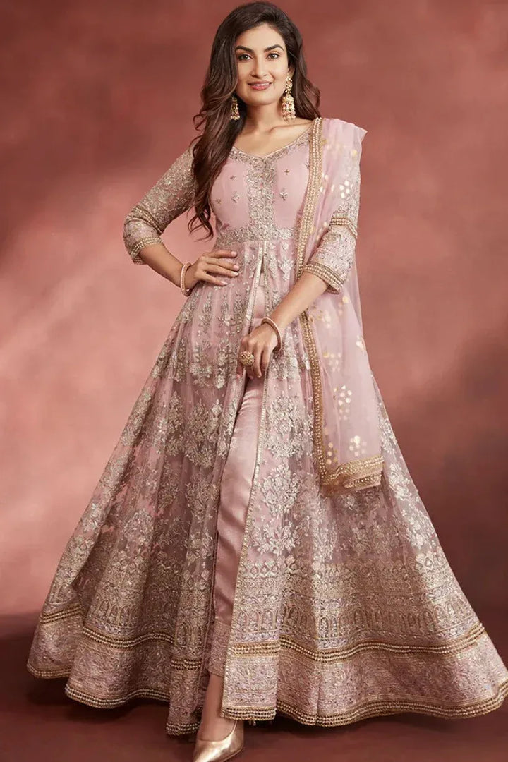 Rose Pink Embroidered Pant Style Anarkali - MyEthnikRentals