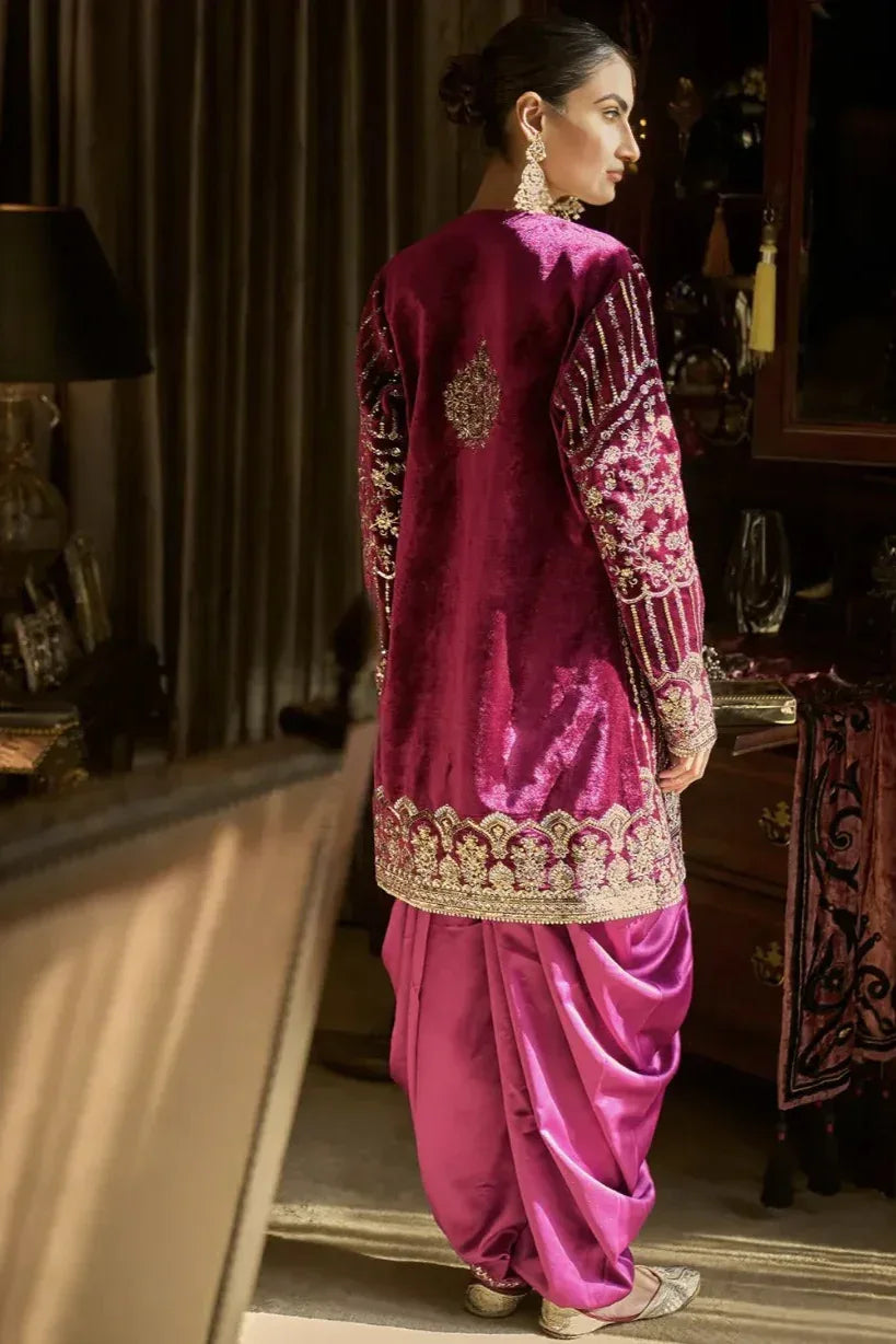 Magenta Velvet Embroidered Jacket Suit - MyEthnikRentals