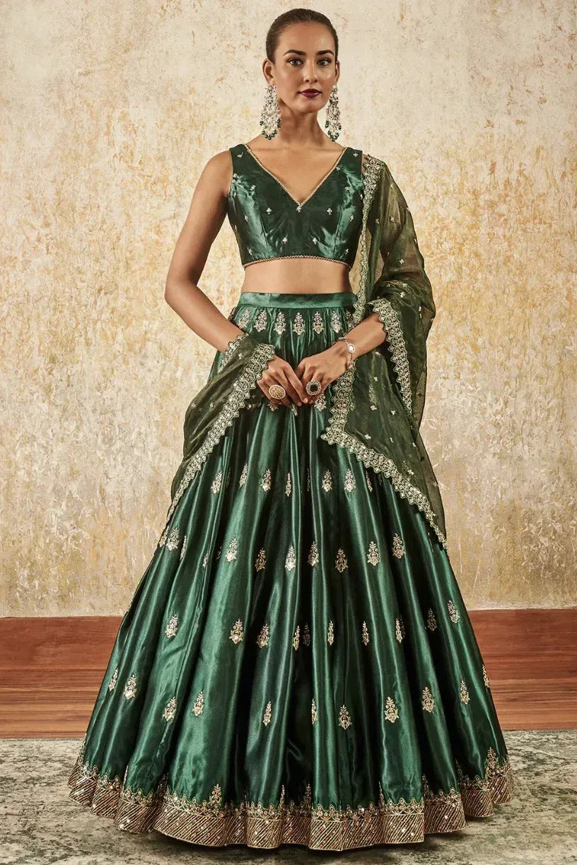 Emerald Green Embroidered Lehenga - MyEthnikRentals