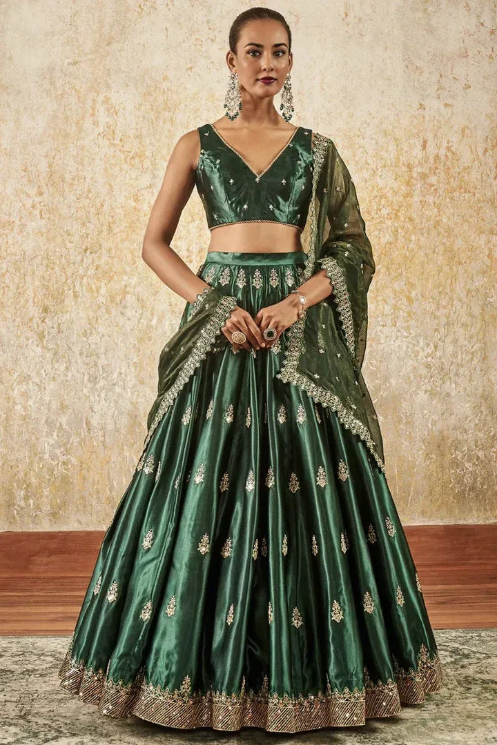 Emerald Green Embroidered Lehenga - MyEthnikRentals