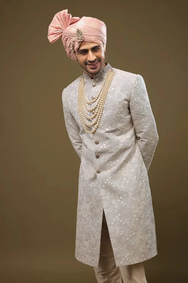 Baby Blue Silk Sherwani with Zari and Sequin Embroidery (Outside Ontario) - MyEthnikRentals