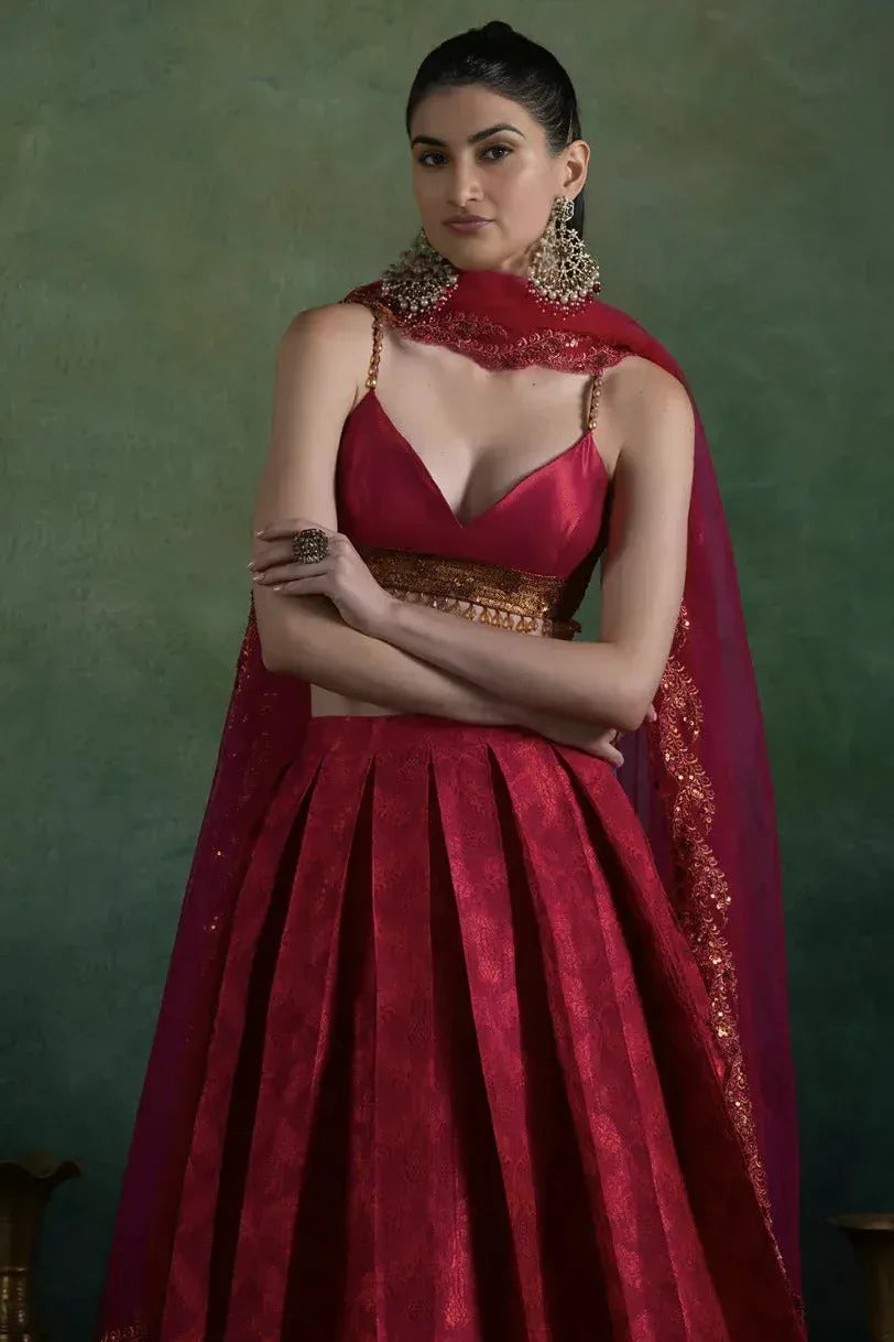 Fuchsia Red Brocade Lehenga - MyEthnikRentals