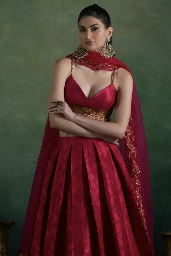 Fuchsia Red Brocade Lehenga (Outside Ontario) - MyEthnikRentals
