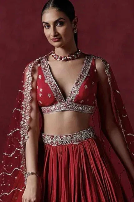 Red Crepe Silk Lehenga (Outside Ontario) - MyEthnikRentals
