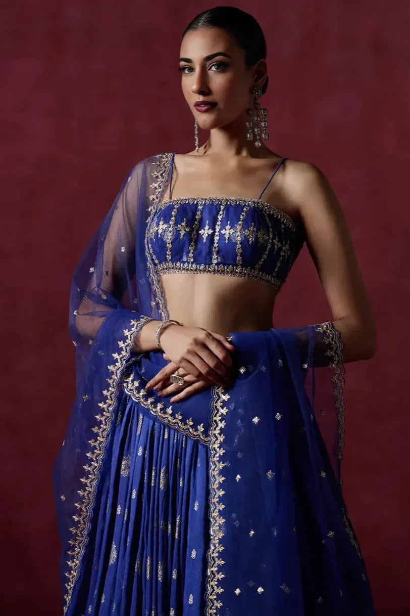 Imperial Blue Brocade Lehenga - MyEthnikRentals
