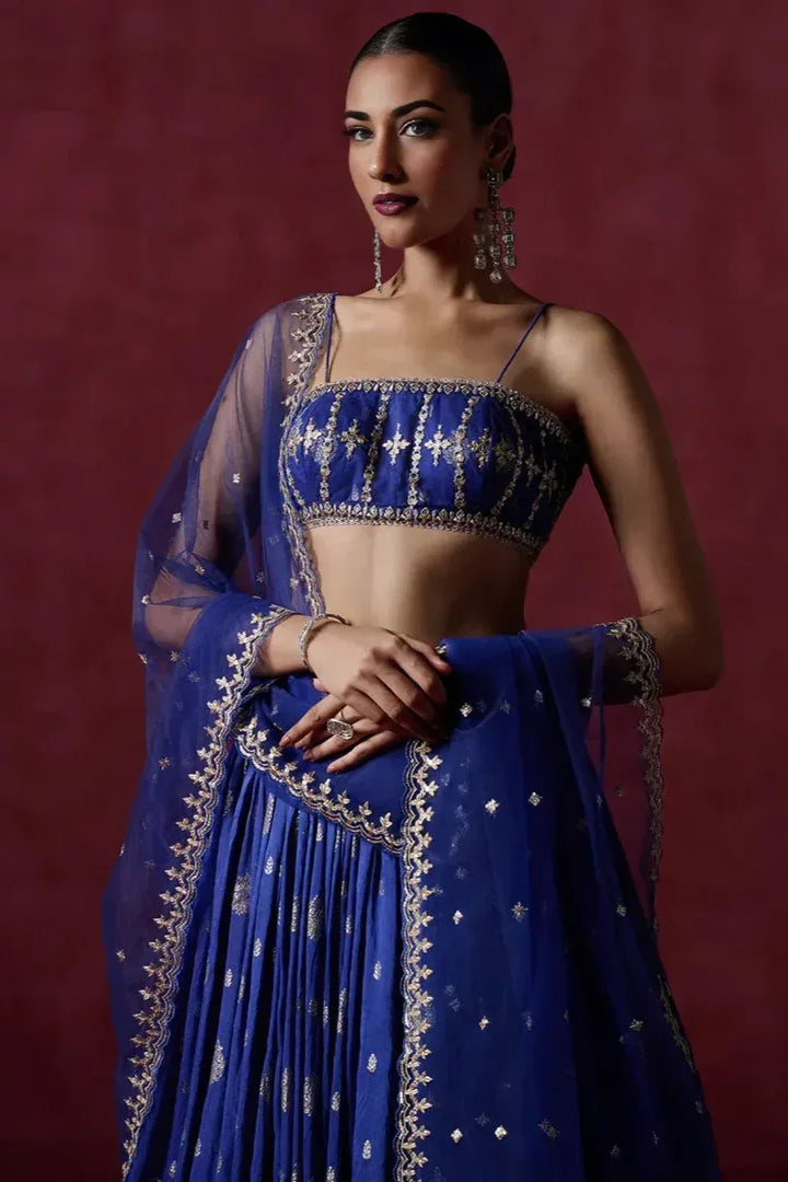 Imperial Blue Brocade Lehenga - MyEthnikRentals