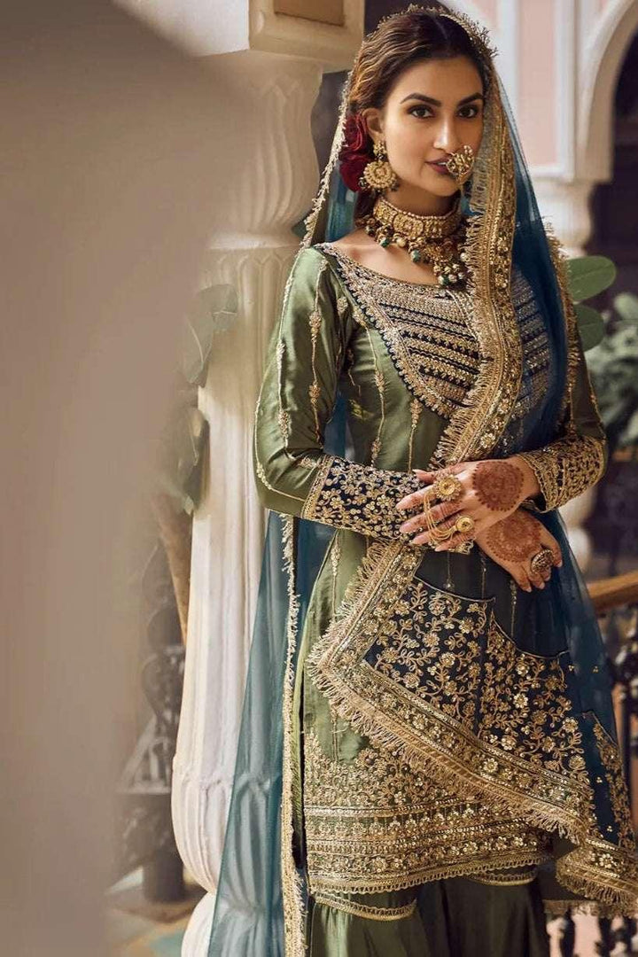 Olive Green Embroidered Gharara Suit (Outside Ontario) - MyEthnikRentals
