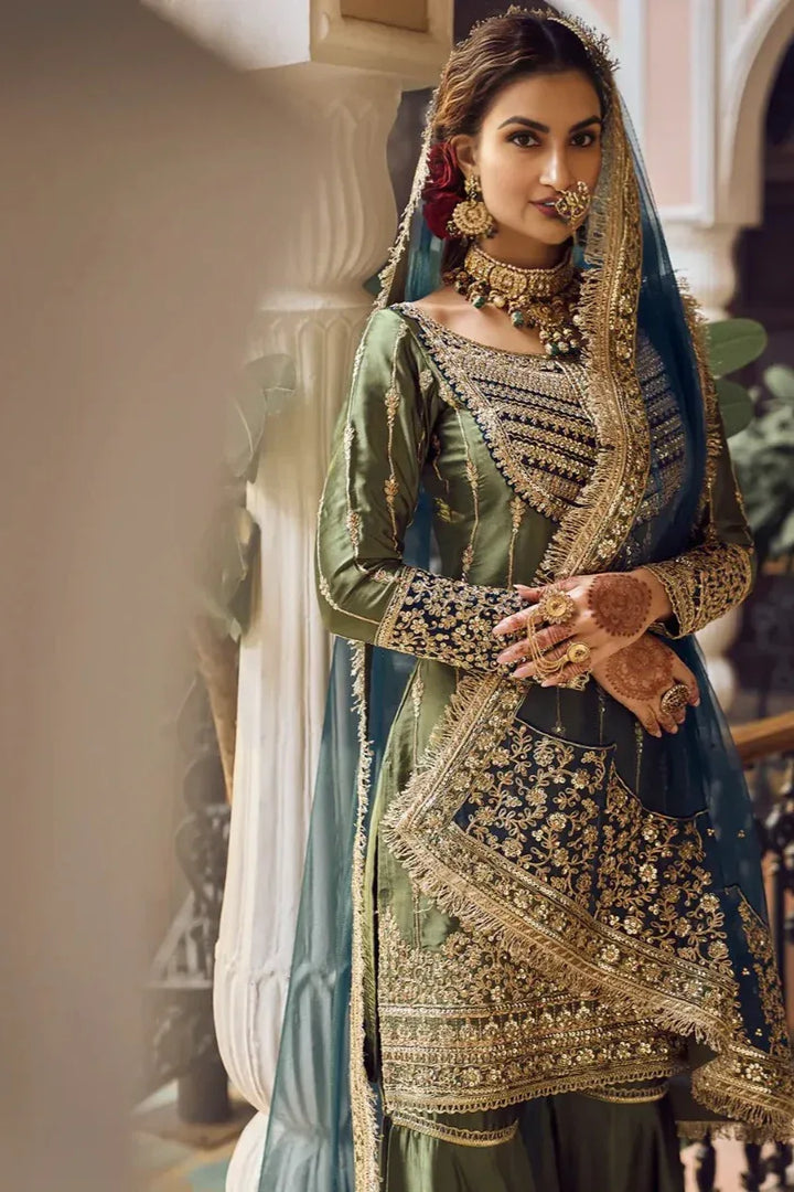 Olive Green Embroidered Gharara Suit - MyEthnikRentals