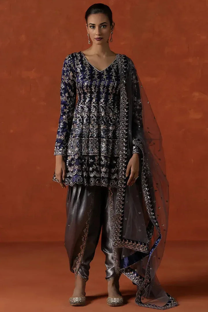 Navy Blue & Slate Grey Embroidered Punjabi Suit (Outside Ontario) - MyEthnikRentals