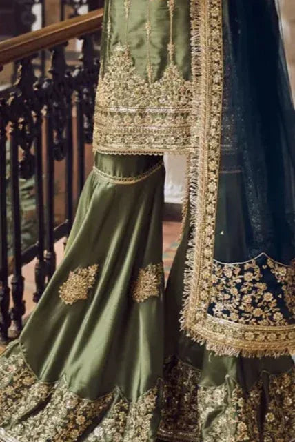 Olive Green Embroidered Gharara Suit - MyEthnikRentals
