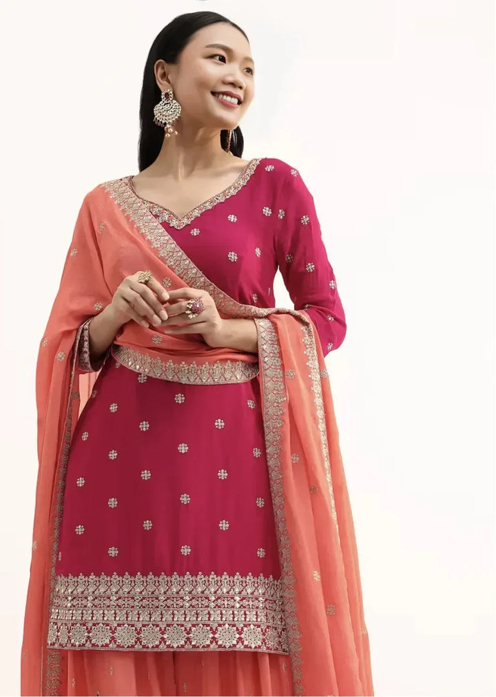 Pink and Peach Zari Work Salwar Kameez (Outside Ontario) - MyEthnikRentals