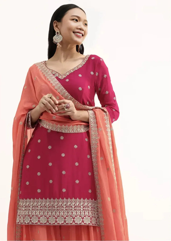 Pink and Peach Zari Work Salwar Kameez - MyEthnikRentals