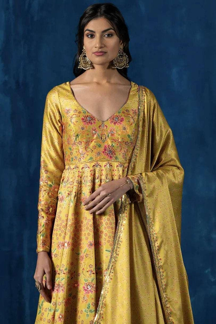 Sunlit Yellow Embroidered Crepe Silk Anarkali (Outside Ontario) - MyEthnikRentals