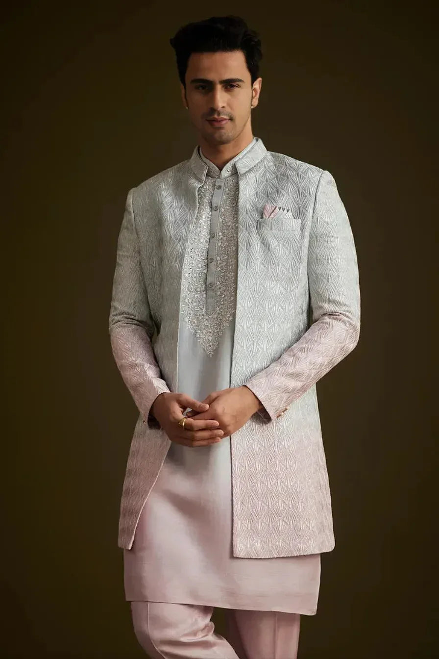 Pink and Grey Ombre Textured Sherwani Set (Outside Ontario) - MyEthnikRentals
