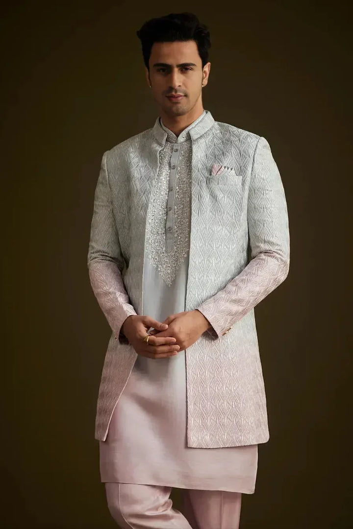 Pink and Grey Ombre Textured Sherwani Set (Outside Ontario) - MyEthnikRentals