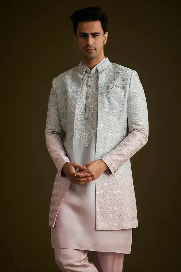 Pink and Grey Ombre Textured Sherwani Set - MyEthnikRentals