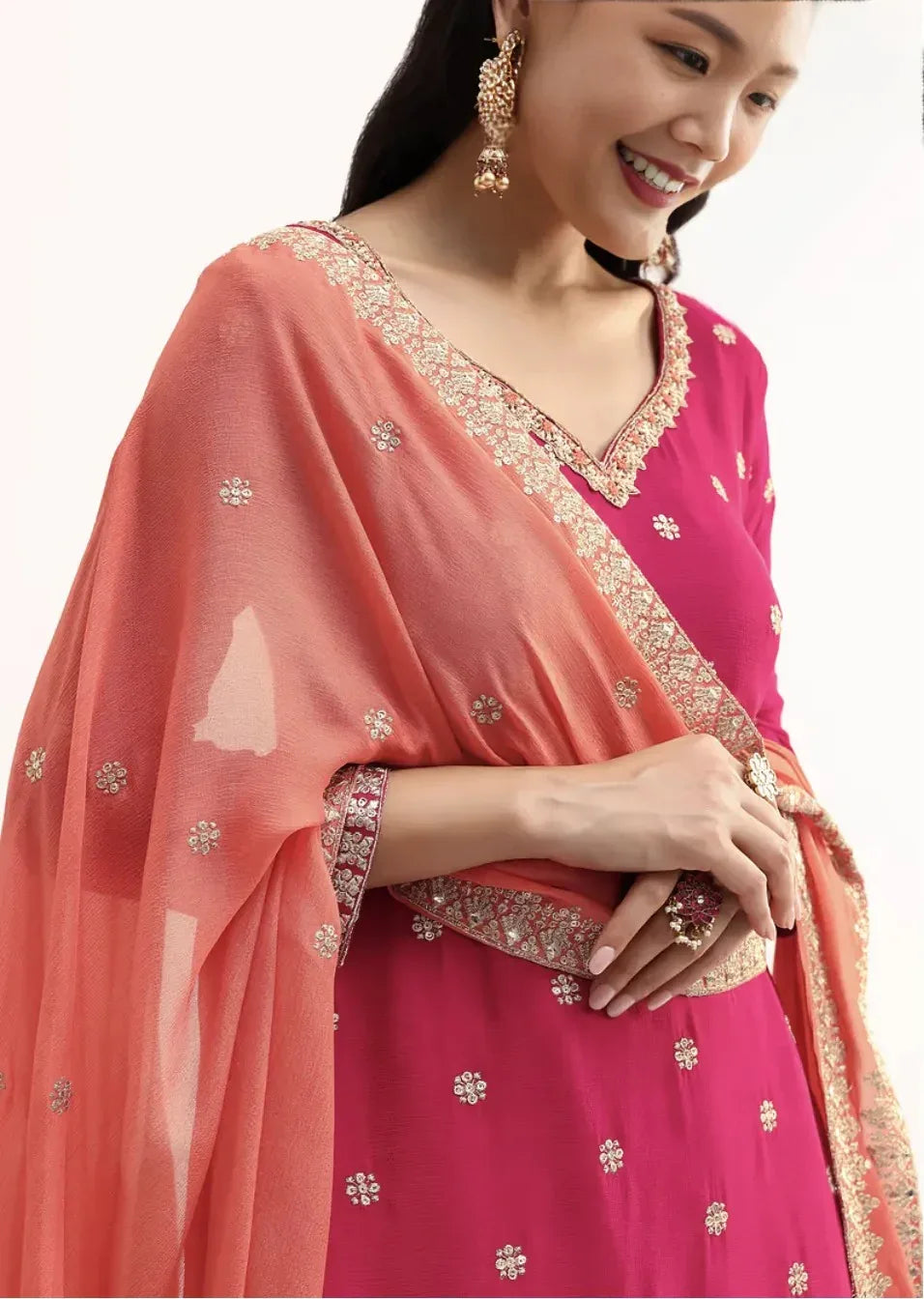 Pink and Peach Zari Work Salwar Kameez - MyEthnikRentals