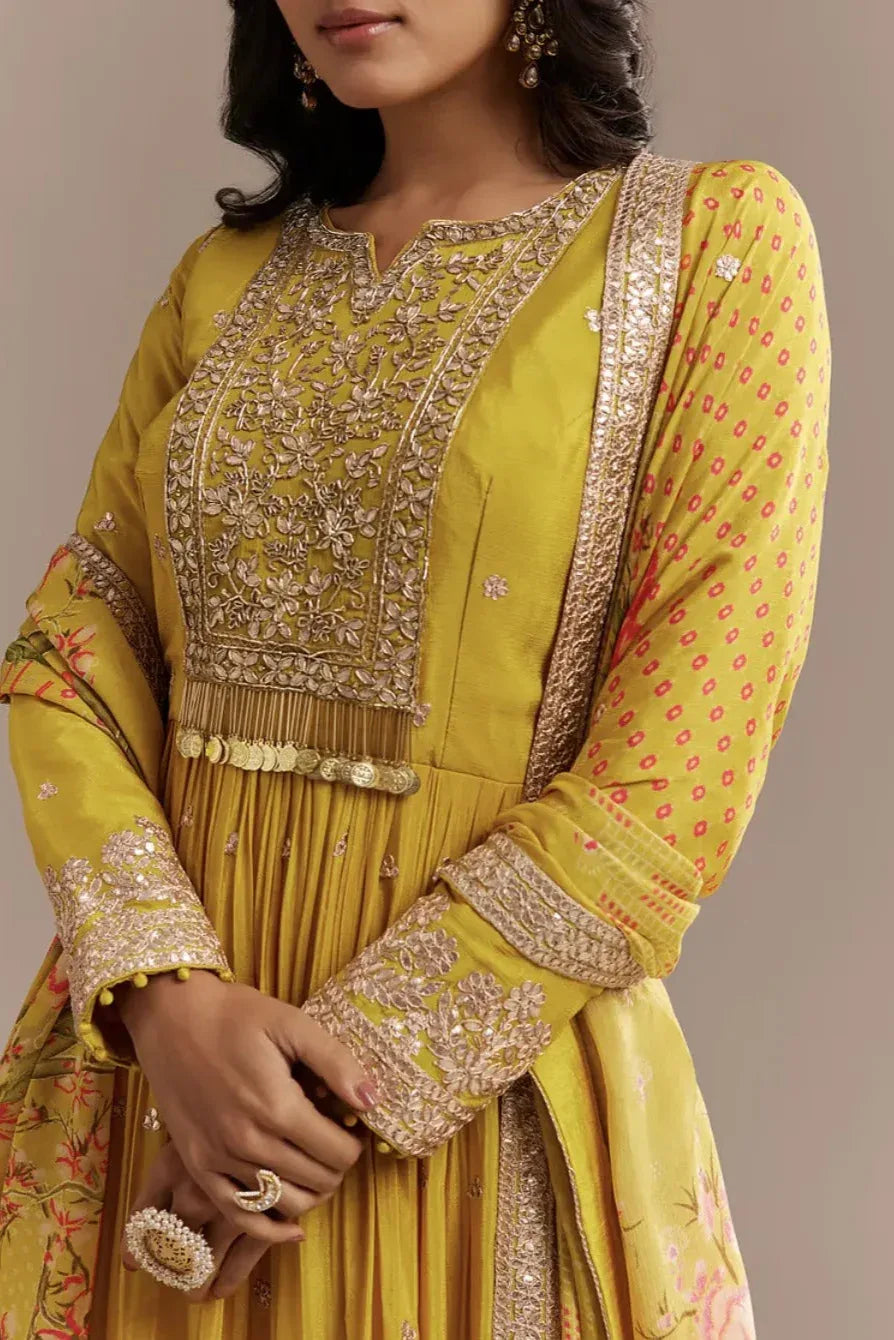 Mustard Zardosi Chiffon Salwar Kameez - MyEthnikRentals