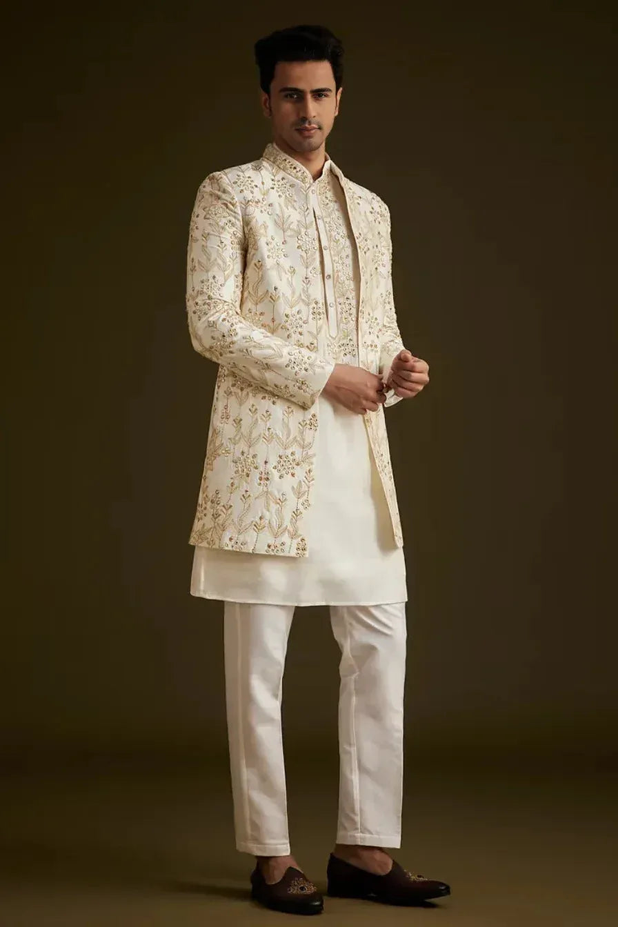 Cream Classic Embroidered Sherwani Set (Outside Ontario) - MyEthnikRentals