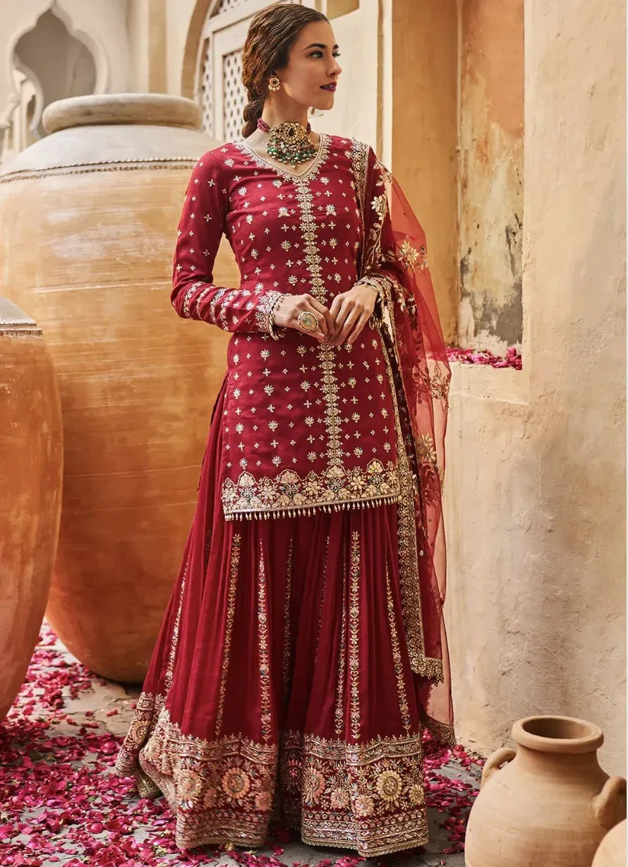 Maroon Gold Embroidered Sharara Set - MyEthnikRentals