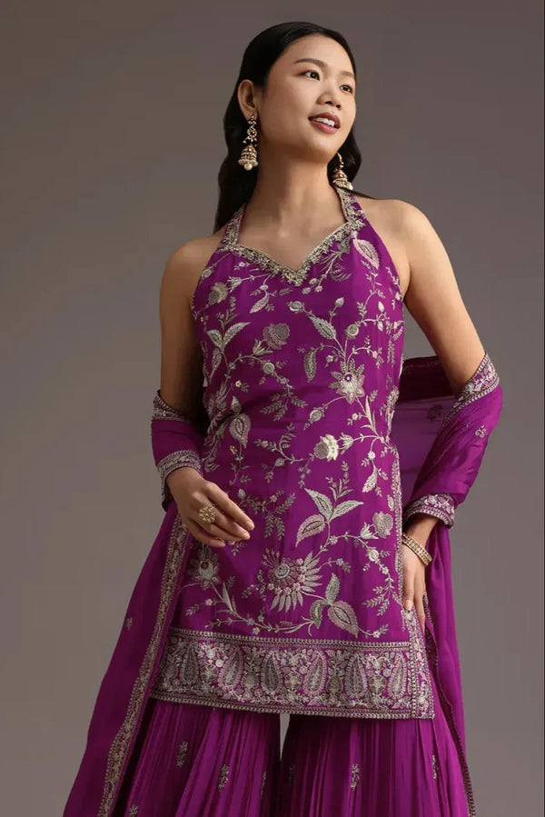 Purple Resham Embroidered Salwar Kameez - MyEthnikRentals