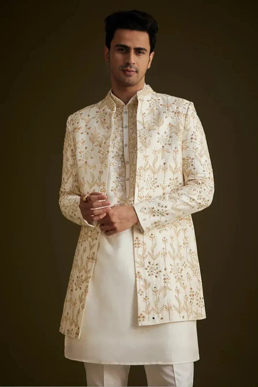 Cream Classic Embroidered Sherwani Set (Outside Ontario) - MyEthnikRentals