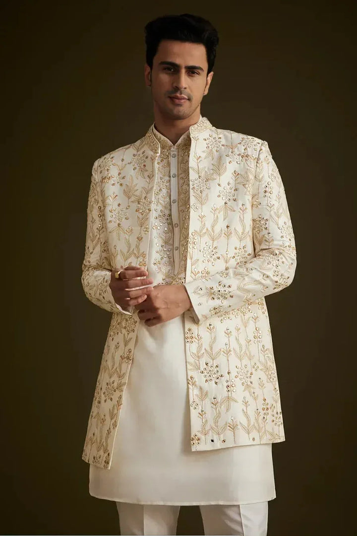 Cream Classic Embroidered Sherwani Set (Outside Ontario) - MyEthnikRentals